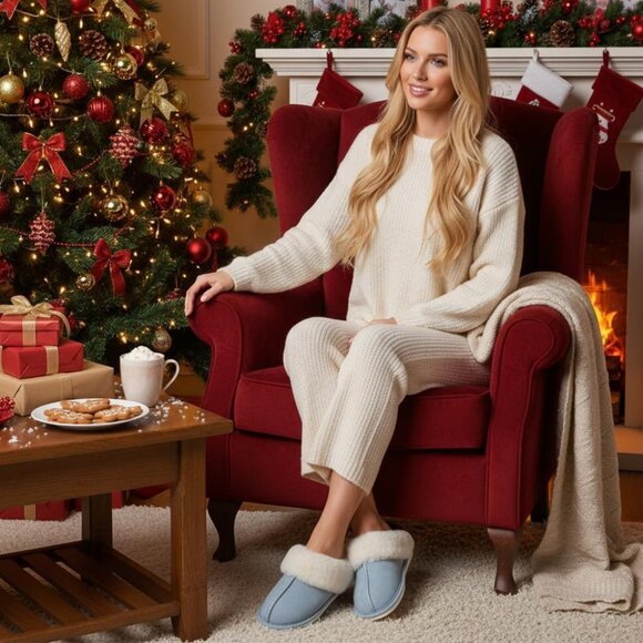 Women's Light Blue Fluffy Cozy Winter Warm Memory Foam Slip On Slippers Shoes - Picture 2 of 7